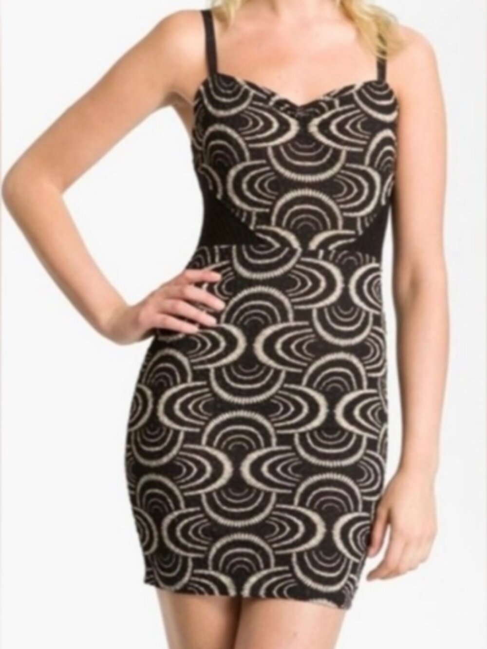 Free People Black Cream Knit Fit & Flare Dress Geometric Pattern XS